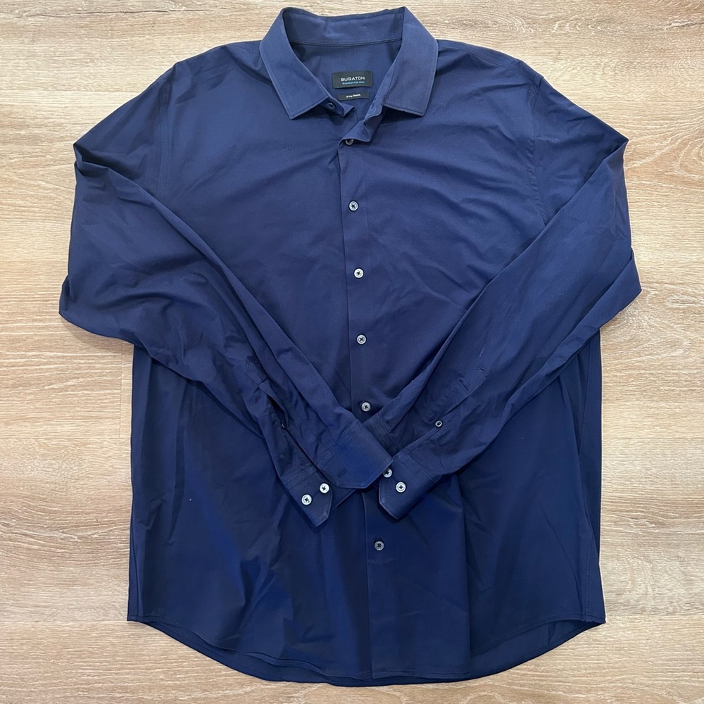 Bugatchi Shirt Men’s XXL Navy OoohCotton Tech 8 Way Stretch Long Sleeve Button